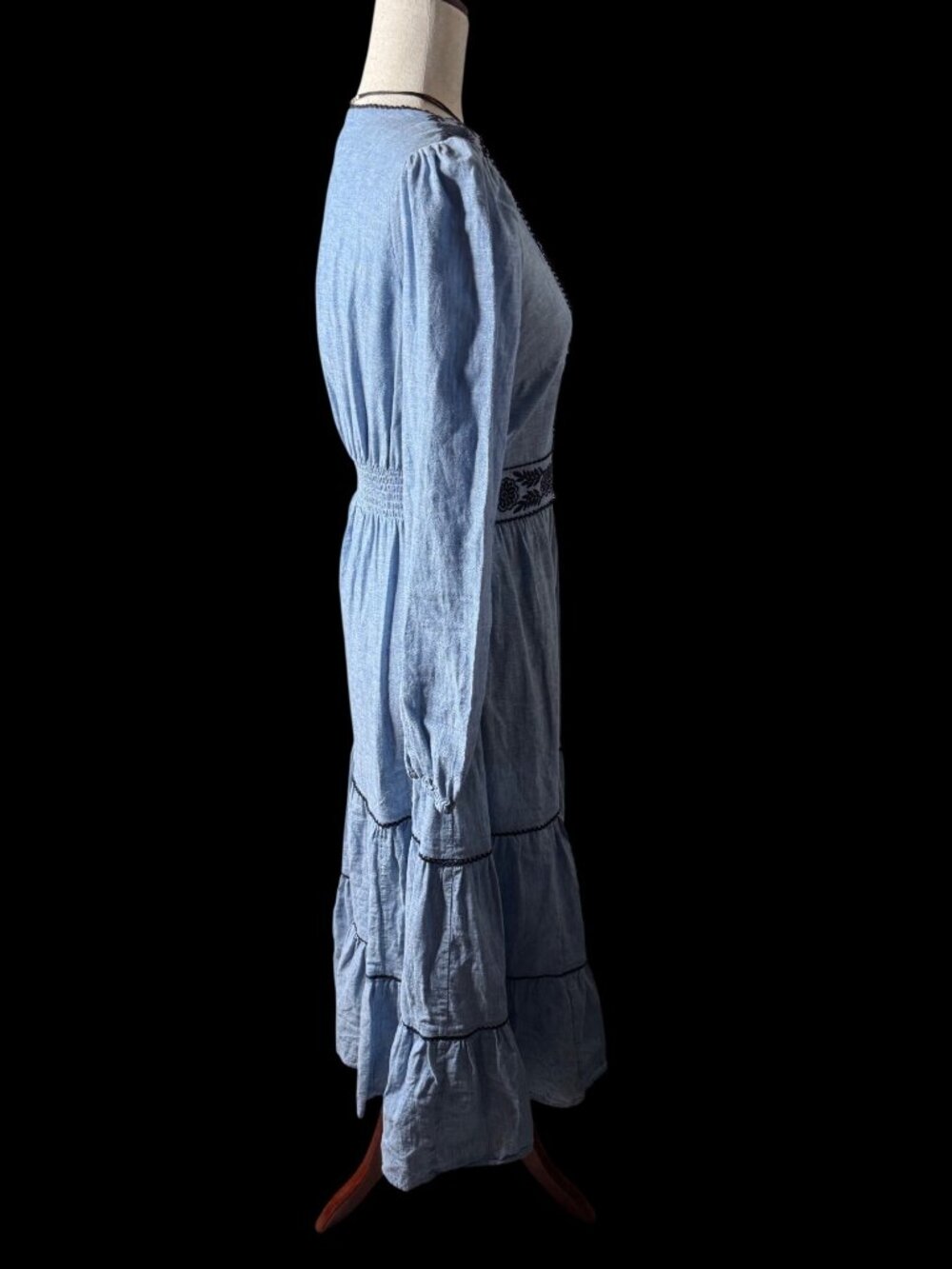 Boden Violet Trim Linen Tiered Maxi Dress Embroidered Size 6 western Boho chic - Picture 9 of 12